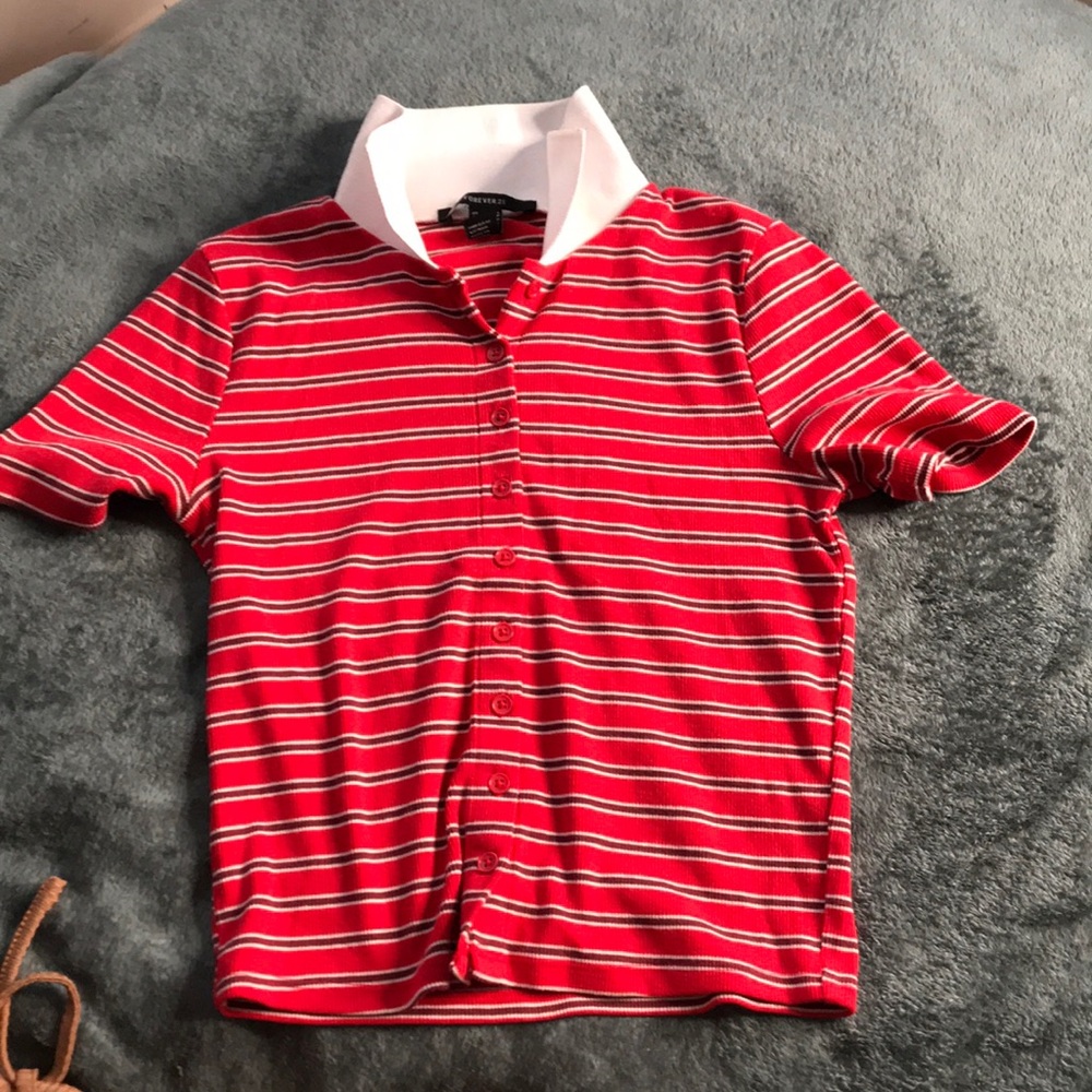 red collard cropped shirt / striped
